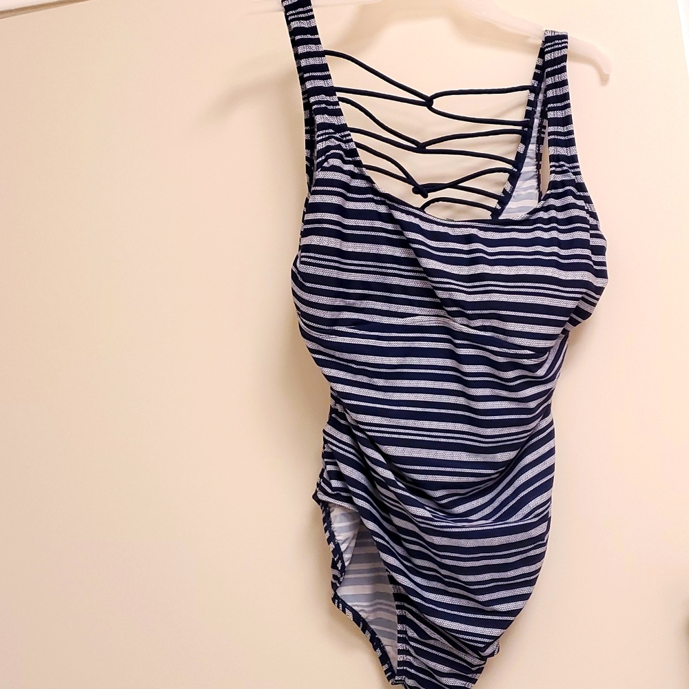 Merona One Piece Navy & White Striped Swimsuit